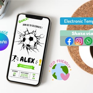 BEWERKBARE digitale voetbalverjaardagsuitnodiging, voetbalfeest Evite, voetbalverjaardagsuitnodiging voor feest door tekst, bewerkbaar in Canva