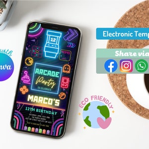 Glow Gaming Arcade Birthday Party Digital Invitation | Neon Glow Party | Editable | Instant Download