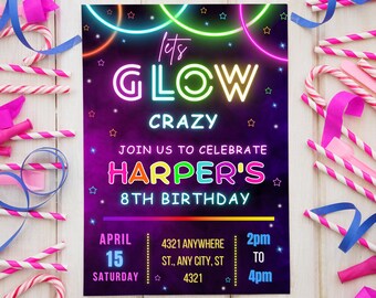 Bearbeitbare Neon Glow Party Geburtstagseinladungsvorlage (Canva)