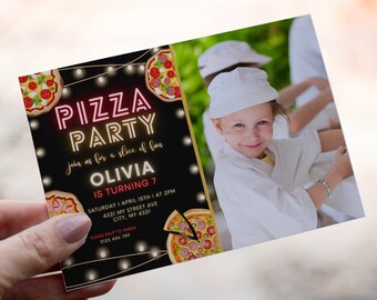 Neon Pizza Party Invitation: Photo Birthday Invite (Digital Template)