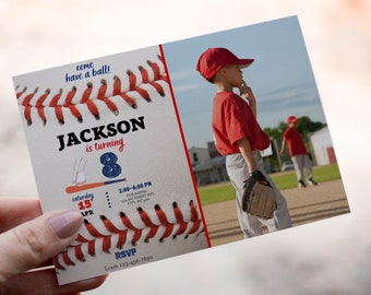 Editable Baseball Birthday Invitation with Photo (Canva Template)