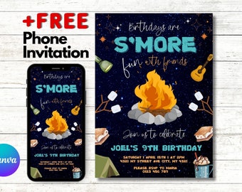 May include: A blue and white birthday invitation with a campfire and the text "Birthdays are S'MORE fun with friends". The invitation is for Joel's 9th birthday and includes the date, time, and location of the party.