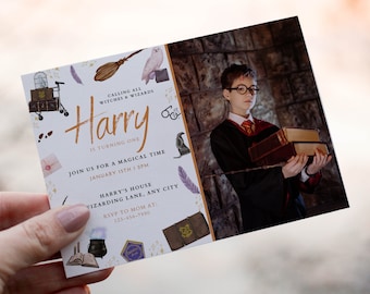 Magical Wizard Birthday Invitation with Customizable Photo Card Template - Editable in Canva