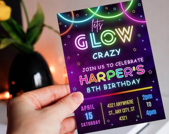 Bearbeitbare Neon Glow Geburtstagseinladungsvorlage (Canva)