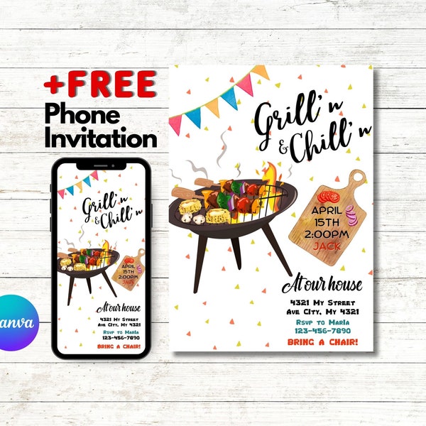 EDITABLE Birthday BBQ Invitation Digital Grill and Chill Invite, Grill Party Invite, Cookout Invitation, Combined Birthday Virtual Invite