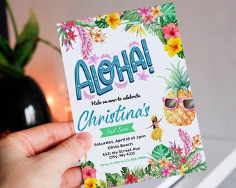May include: A colorful invitation with the word "ALOHA!" in turquoise letters. The invitation features a pineapple wearing sunglasses, floral accents, and event details. The invitation is for Christina's 2nd Luau.