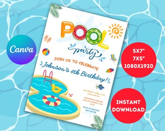 Plantilla editable de invitación de cumpleaños para fiesta en la piscina (descarga digital)
