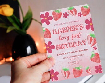 Strawberry First Birthday Invitation Template, Printable Evite (Digital Download)