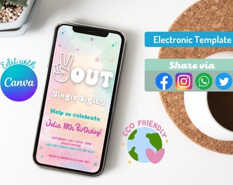 Puede incluir: Una invitación digital para una fiesta de cumpleaños número 10 con un fondo de acuarela colorido. La invitación presenta un signo de paz con la palabra "OUT" en letras blancas grandes. El texto "Single Digits" está debajo de la palabra "OUT". La invitación también incluye el texto "Help us celebrate Julie's 10th Birthday!" y detalles sobre la fiesta, incluida la fecha, la hora y la ubicación. La invitación está diseñada para compartirse electrónicamente.