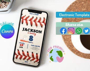 Editable Baseball Birthday Digital Invitation Template Instant Download Printable Baseball Birthday Evite with Text Editable in Canva