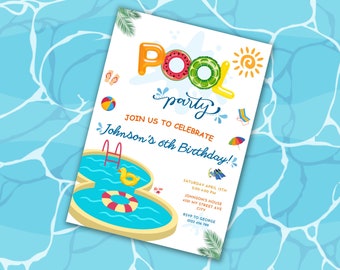 Plantilla editable de invitación de cumpleaños para fiesta en la piscina (descarga digital)