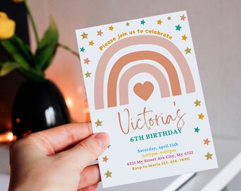 Boho Rainbow Party Invitation Template Girl Rainbow Birthday Evite - Download & Edit in Canva!