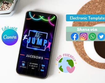 Jump Birthday Party Digital Invite, Trampoline Card Evite, Bounce House Electronic Invitation by Text, Editable in Canva