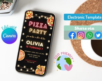 Neon Pizza Party Invitation: Editable Birthday Template (Digital)