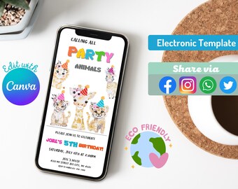 Editable Zoo Party Animals Birthday Digital Invitation - Printable Safari Wild Animals Evite with Boy or Girl Theme