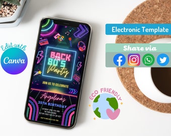 EDITABLE 80s Birthday Party Digital Invitation Retour aux années 80 Neon Party Glow Dance Disco 2000s anniversaire 90s