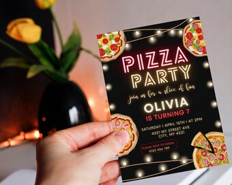 Digital Neon Pizza Party Invitation - Editable Template - Fun Birthday Invite