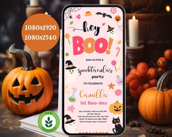 Pink Ghost Halloween Birthday Invitation: Girly First Birthday (Digital Download)