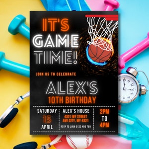 Modèle d'invitation d'anniversaire de basket-ball modifiable, Evite d'invitation de basket-ball, modèle de carte d'invitation de basket-ball, modifiable dans Canva