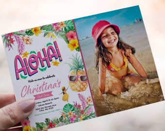 PHOTO Hawaiian Luau Birthday Invitation with Photo, Luau Party, Luau 1st 2nd 3rd Birthday Pool Party Instant Download