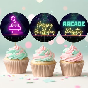 Glow Gaming Arcade Geburtstagsparty Cupcake Topper | Neon Glow Party Cake Topper | Bearbeitbar | Sofort Download