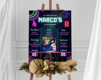 May include: A neon-themed birthday poster for a boy named Marco celebrating his 6th birthday. The poster features a photo of Marco, a list of his favorite things, and his age and height. The poster is decorated with neon colors and geometric shapes.