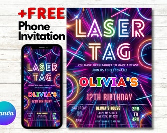 Download direct onze bewerkbare laserfeestuitnodiging voor een neonverjaardagsfeest