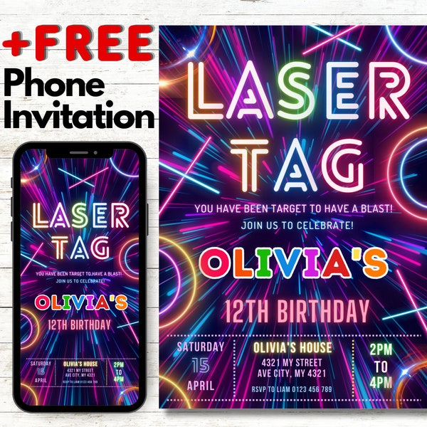 Téléchargez instantanément notre invitation à une fête laser modifiable pour une fête d'anniversaire néon