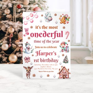 Bewerkbare het is de meest ONEderful tijd van het jaar 1e verjaardagsuitnodiging - Kerst rood en roze meisje partij - Instant Download