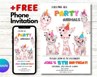 Zoo Safari Party Animals Birthday Invitation - Editable Boy or Girl, DIGITAL Printable Invite