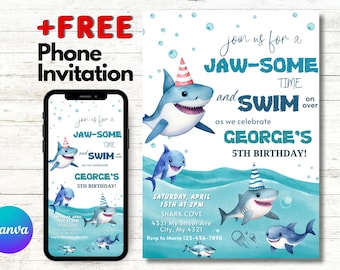 May include: A blue and white birthday invitation with a shark theme. The invitation says "Join us for a Jaw-Some Time and Swim Over as we celebrate George's 5th Birthday!" The invitation also includes the date, time, and location of the party.