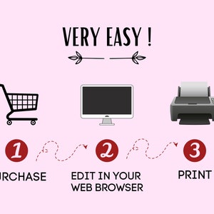 May include: A three-step guide to purchasing, editing, and printing a digital product. The steps are illustrated with a shopping cart, a computer monitor, and a printer. The text reads "VERY EASY!" and includes the numbers 1, 2, and 3 with the words "PURCHASE", "EDIT IN YOUR WEB BROWSER", and "PRINT".