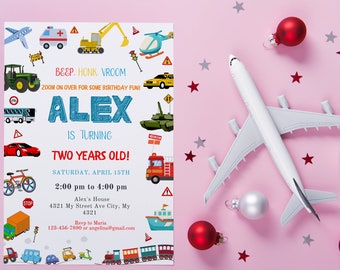 Editable Transportation Birthday Invitation Template (Canva)