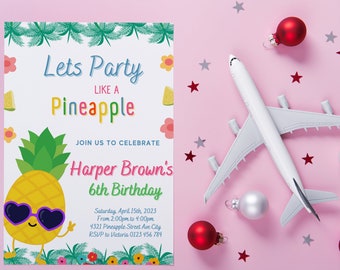 Pineapple Birthday Invitation Tropical Party Invite, Hawaiian Luau Pool Party, Pineapple Birthday Party, Editable in Canva