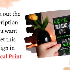 May include: A black and green birthday invitation with a soccer ball in a net. The invitation says "Let's Kick It!" and "Alex's 10th Birthday".