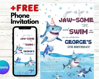 May include: A blue and white birthday invitation with a watercolor illustration of sharks and the text "Join us for a Jaw-Some Time and Swim over as we celebrate George's 5th Birthday!" The invitation includes details for the party, including the date, time, and location.