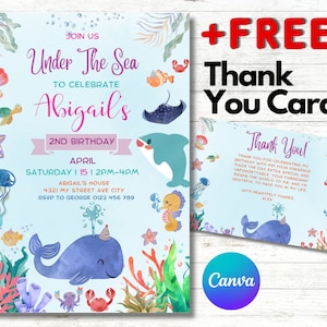 EDITABLE Under The Sea Birthday Invitation, Editable Ocean Animals Party Invite Template, Under The Sea thank you tag