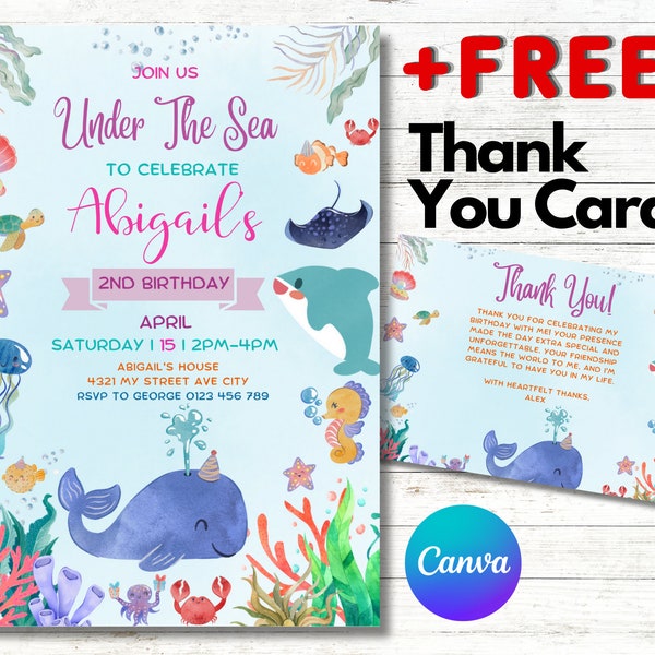 EDITABLE Under The Sea Birthday Invitation, Editable Ocean Animals Party Invite Template, Under The Sea thank you tag