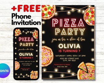 Neon Pizza Party Invitation: Editable Birthday Template (Digital)