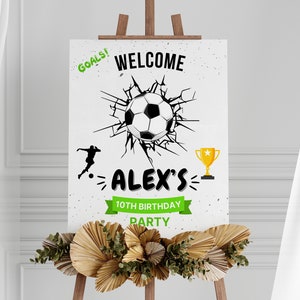 Modelo de sinal de boas-vindas de aniversário de futebol, modelo de sinal de boas-vindas para festa de futebol, quadro de boas-vindas de aniversário de futebol editável no Canva