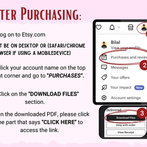May include: A screenshot of a computer screen showing instructions on how to download digital files after purchasing from Etsy.com. The instructions are numbered 1 through 4. The image shows a portion of the Etsy website with the words "Purchases and reviews" highlighted in red.