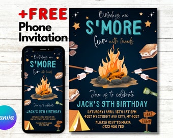 Smores Fun Birthday Invitation - Editable Backyard Camping Invite for Kids Campfire Party