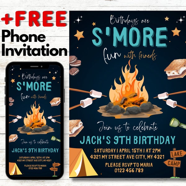 Smores Fun Birthday Invitation - Editable Backyard Camping Invite for Kids Campfire Party