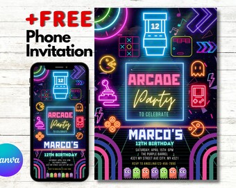 Invitación para fiesta de cumpleaños con temática de arcade de neón: Plantilla editable (descarga digital)