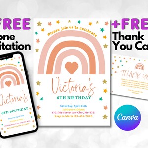 Convite de aniversário arco-íris personalizável para meninas - Festa temática Boho - Download instantâneo