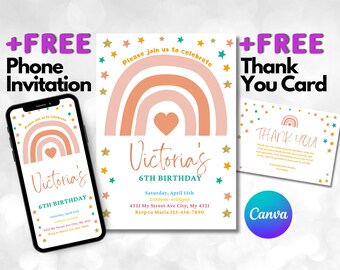 Customizable Rainbow Birthday Invitation for Girls - Bohemian Themed Party - Instant Download