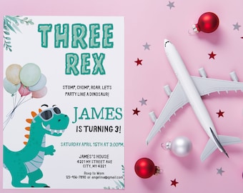 Three Rex Birthday Invitation: Dinosaur Party, Editable Canva Template (Digital)