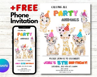 Personalized Party Animals Birthday Invitation - Printable Safari Wild Animals Invite for Boys and Girls