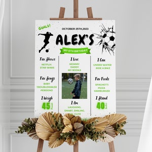 Modelo de placa de marco de aniversário de futebol, modelo de placa de marco de festa de futebol, placa de marco de aniversário de futebol editável no Canva