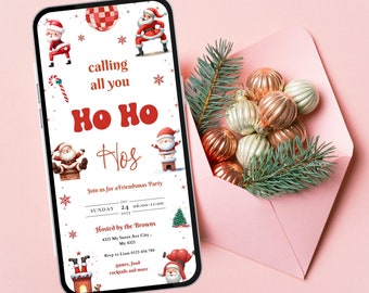 May include: A digital invitation for a Christmas party with a festive red and white colour scheme. The invitation features a cartoon Santa Claus and the text "Ho Ho Nos" and "Join us for a'friendsmas Party".